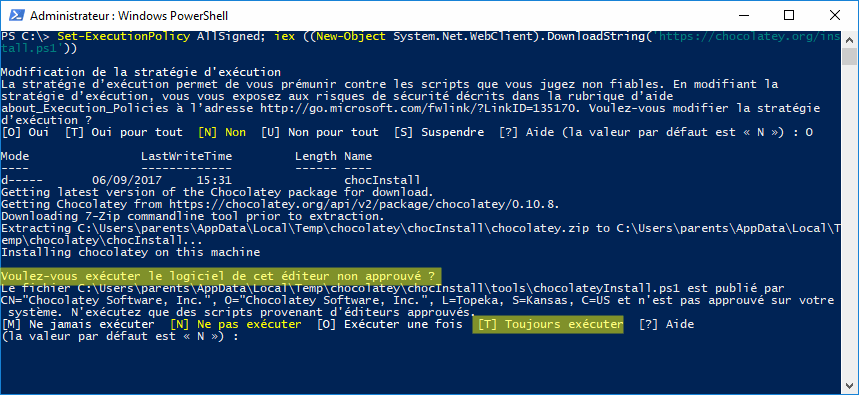 Installation de chocolatey - PowerShell Win10 - accord exécution script