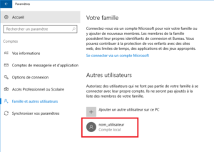 Windows 10 fenêtre compte 1 Utilisateur