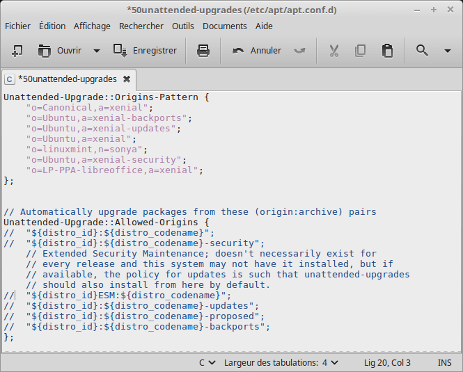 Linux MINT 18 Exemple fichier 50unattended-upgrades avec ppa libreoffice