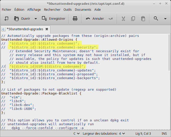 Linux MINT 18 Fichier 50unattended-upgrades lignes à mettre en commentaire