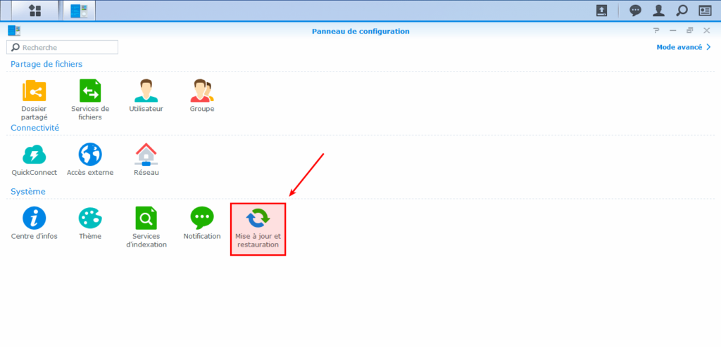 Synology - Panneau de configuration Mode de base - Mise à jour et restauration