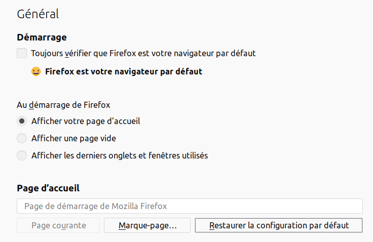 Firefox - Préférences page d'accueil