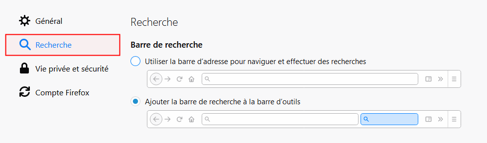 Firefox Quantum - Préférences barre principale