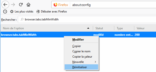 Firefox Quantum - about config - Réinitialiser valeur