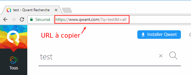 URL résultat de recherche du mot test dans Qwant