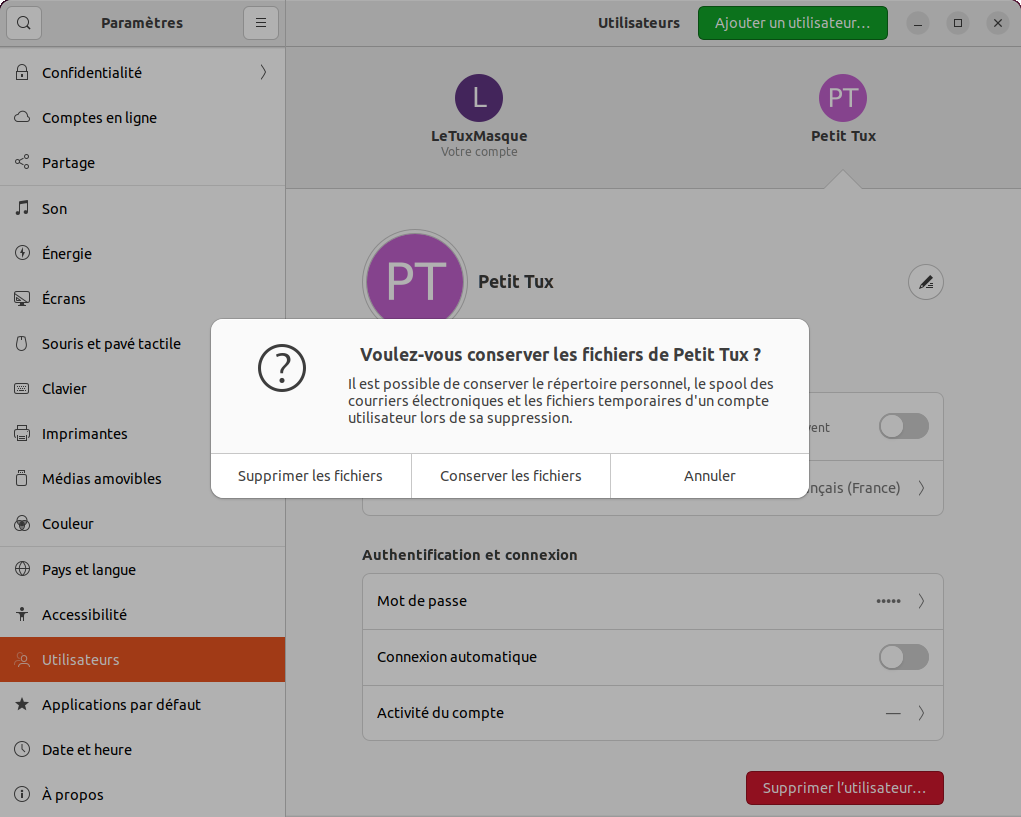 GNOME - conserver ou supprimer fichiers