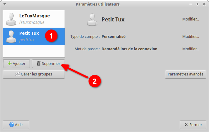 gnome-system-tools - supprimer utilisateur