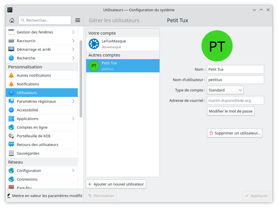KDE - nouvel utilisateur ajouté