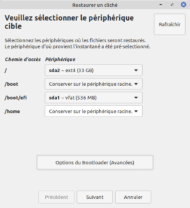 Restaurer un instantané Timeshift - option pour sélection du périphérique cible