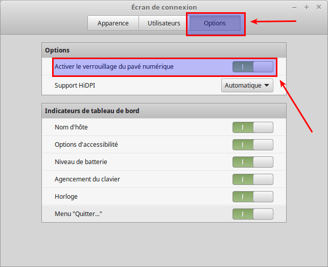 Paramètres écran de connexion - Options