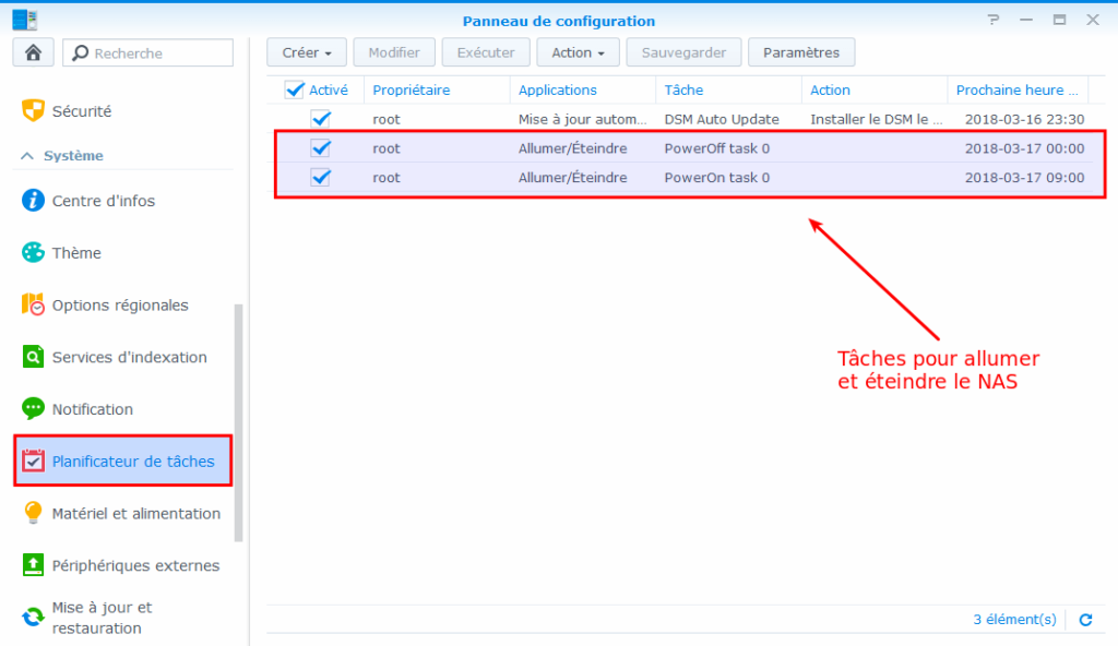 Synology - Tâches planifiées Allumer/Éteindre