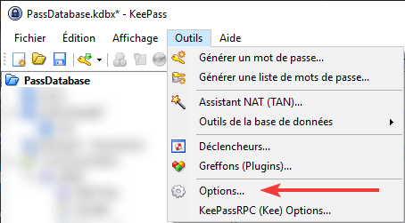 Utiliser KeePass avec Firefox : Accès aux options de KeePass