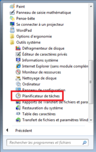 Windows 7 - Lancement via menu Planificateur de taches