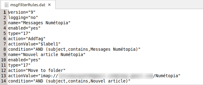 Exemple de contenu dans msgFilterRules.dat qui contient les filtres de messages d'un compte dans Thunderbird
