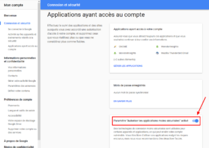 Google - Paramètre autoriser les applications moins sécurisées