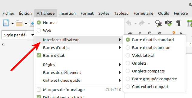LibreOffice 6.4 - Affichage > interface utilisateur