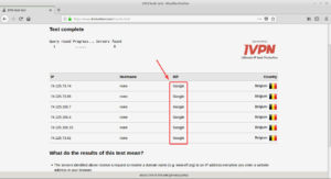 Exemple résultat DNSleak test - DNS Google