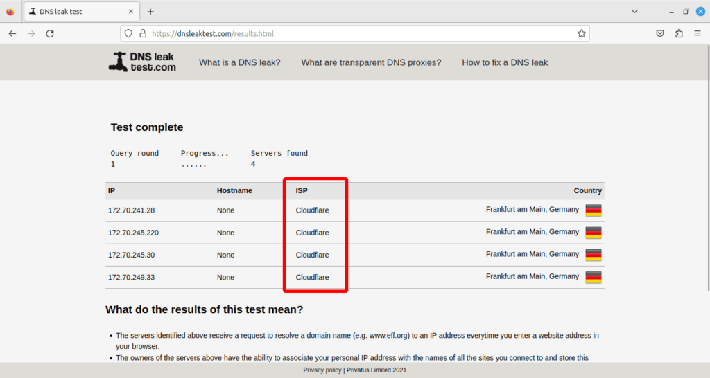 Exemple du résultat de DNSleak test avec DNS Cloudflare