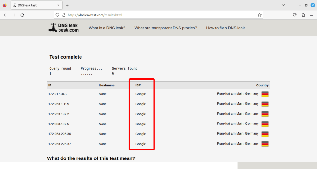 Exemple résultat DNSleak test - DNS Google