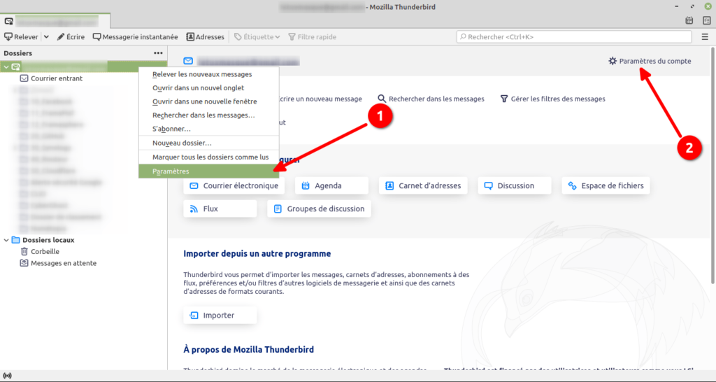 Accès aux paramêtres d'un compte dans Thunderbird