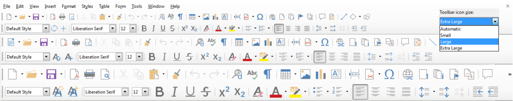 LibreOffice 6.1 : Tailles icônes 16px, 24 px et 32 px