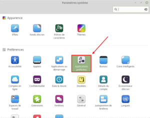Accès Applications préférées par le panneau Paramètres système