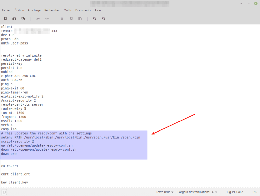 Exemple de fichier de configuration ovpn modifié