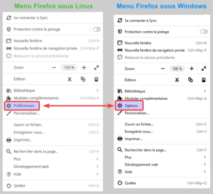 Différences entre Linux et Windows du Menu de Firefox