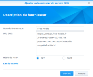 Synology - Ajout fournisseur service SMS 1