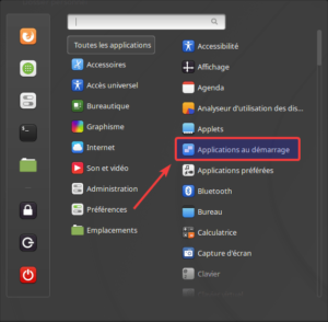 Applications au démarrage dans le menu de Linux Mint Cinnamon