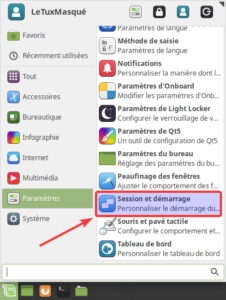 Session et démarrage dans le menu de Linux Mint XFCE