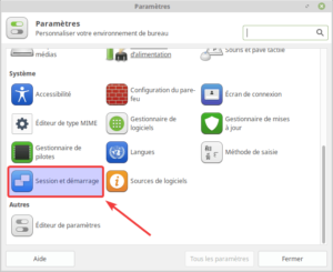 Session et démarrage dans les paramètres de Linux Mint XFCE