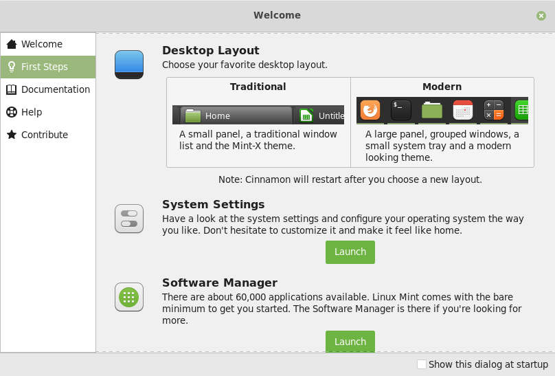 Panneau d'accueil de Linux Mint 19.1