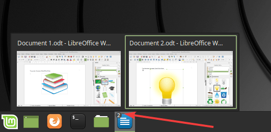Exemple de fenêtres multiples LibreOffice regroupées dans le tableau de bord de Linux Mint 19.1