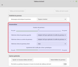 Fenêtre d'options des tableaux de bord dans Linux Mint 19.1