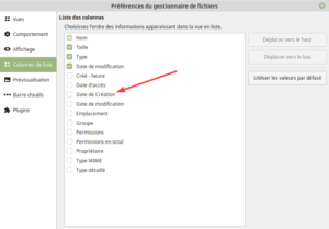 Options pour Ajouter une colonne Date de création d'outils dans la vue liste de Nemo dans Linux Mint 19.1