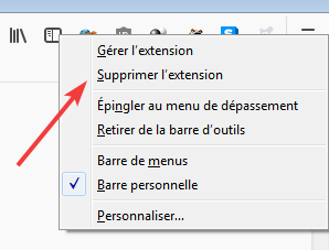 Suppression d'une extension depuis l’icône dans la barre menu de Firefox 64