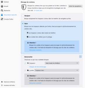 Options Blocage de contenu dans Firefox 65