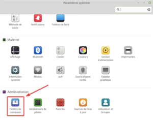 Accès à Fenêtre de connexion par le panneau des paramètres système Cinnamon
