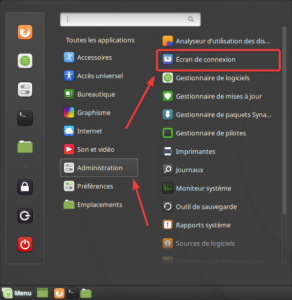 Accès à Fenêtre de connexion dans le menu Cinnamon