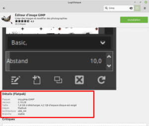 Linux Mint - Détails de Gimp au format Flatpak dans logithèque