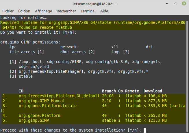 Linux mint -Installation Flatpak Gimp en ligne de commande