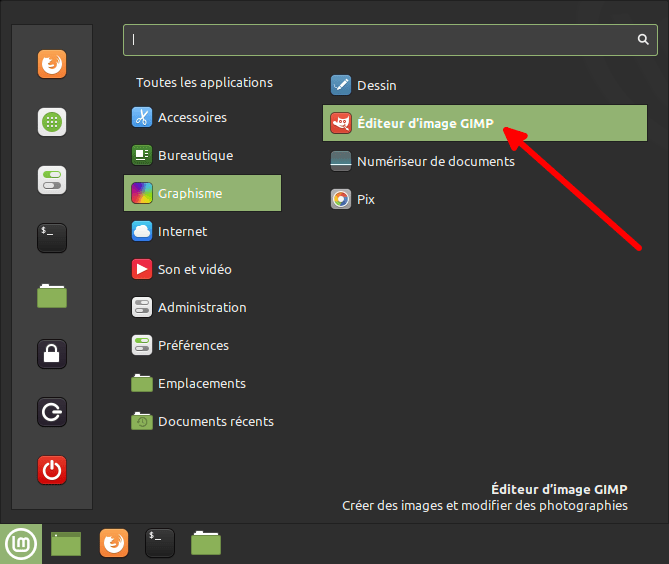 Linux Mint - Lanceur Gimp dans menu de Cinnamon