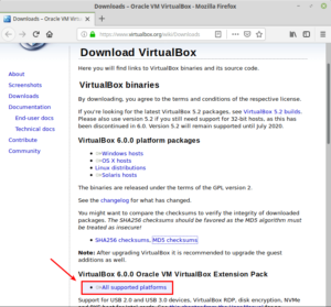 Page de téléchargement de Virtualbox Extention Pack pour support USB 2 ou 3