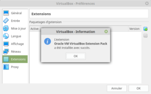 VirtualBox - préférences - fin installation pack entension