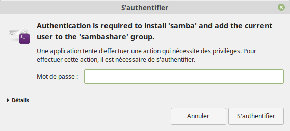 Authentification pour l'installation de Samba