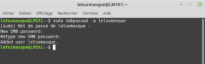 Partage réseau dans Linux Mint - Commande de définition d'un mot de passe pour un utilisateur Samba