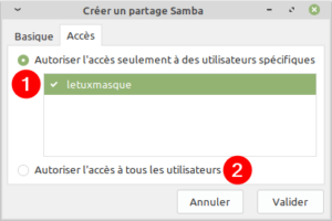 paramètres accés partage réseau dans Linux Mint MATE ou XFCE