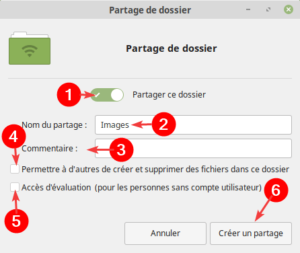 Partage réseau dans Linux Mint - Options de partage d'un dossier