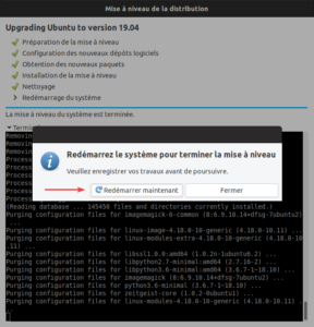 Mise à niveau vers Ubuntu 19.04 - Redémarrage fin